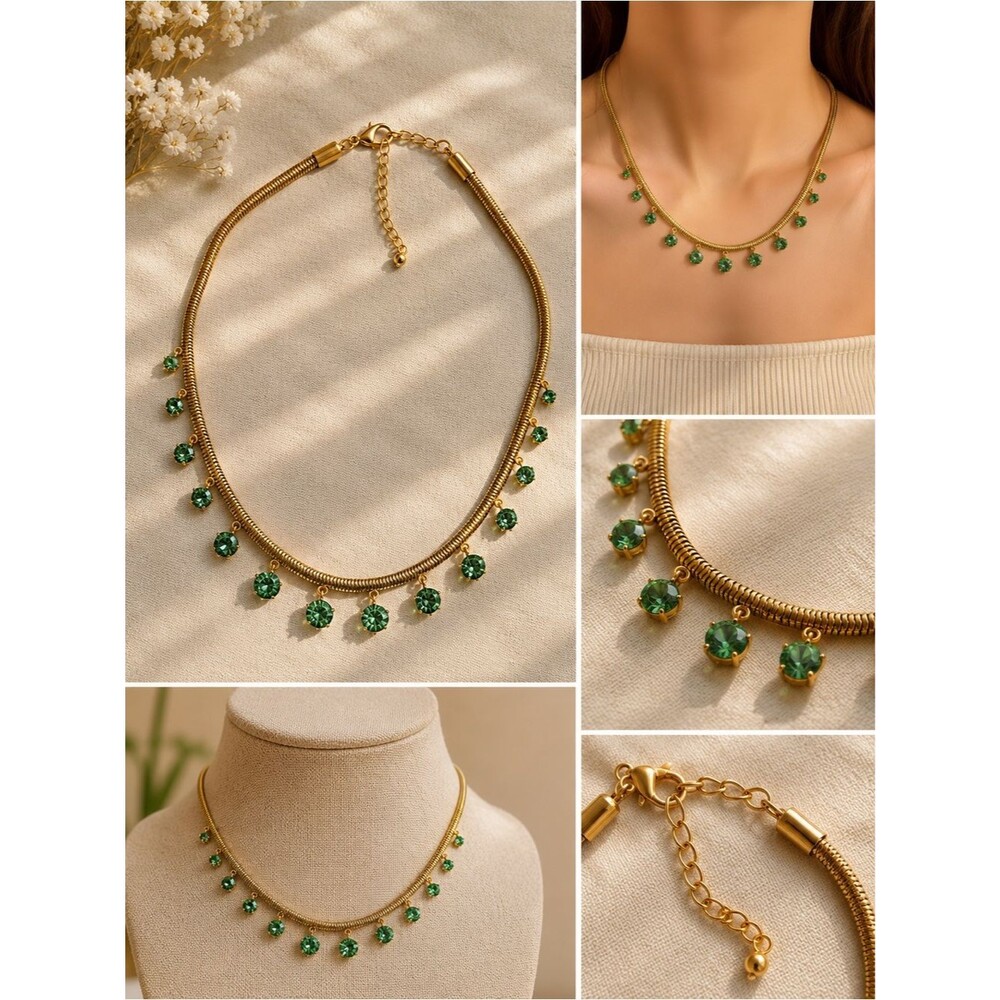 Gold-Tone Necklace with Emerald Green Crystal Drops - Women Jewelry